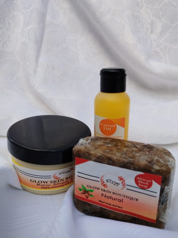 200g Black African Soap 250g Raw Shear Butter 100g Carrot Oil