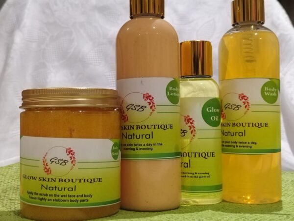 100ml Natural Glow Oil 250g Natural Glow Body Scrub 250ml Natural Glow Body Wash 250ml Natural Glow Body Lotion